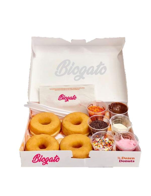 Happy-Cake.co.uk Box of 4 Donuts with vegan toppers, low GI sugar free, organic and gluten free Suitable for diabetics and coel 