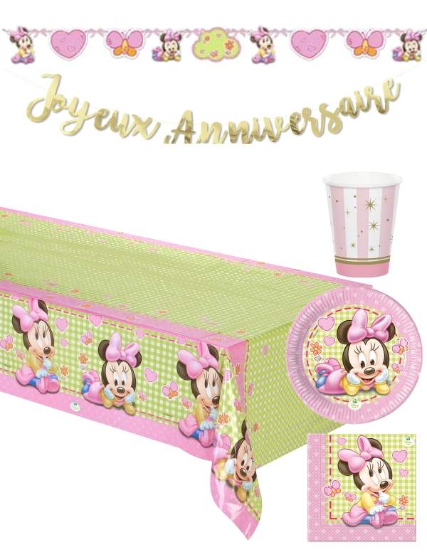 Happy-Cake.co.uk Pack birthday decoration 1 year girl baby Minnie Disney - 1