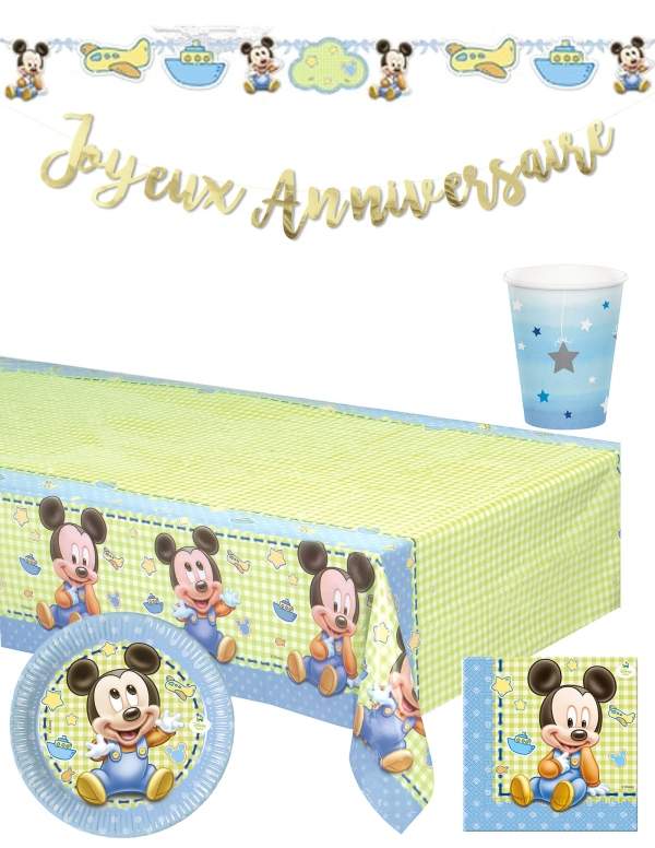 Happy-Cake.co.uk Pack birthday decoration 1 year old baby boy Mickey Disney - 1