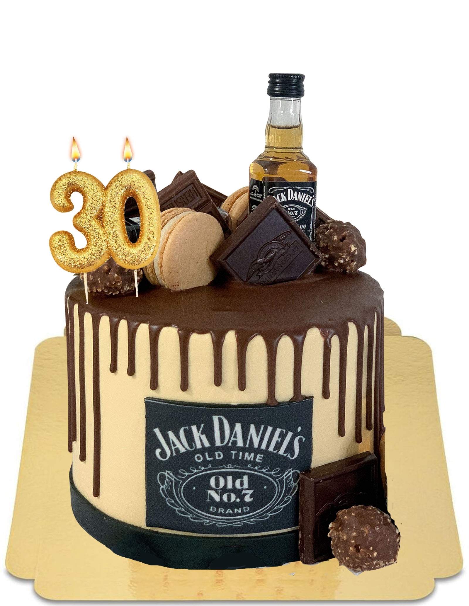 Jack Daniels drip-effect cake with macaroons (mini bottle of Jack D