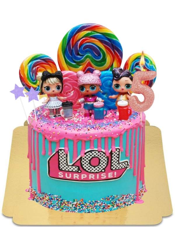  LOL surprise drip cake with figures and vegan lollipops, gluten free - 1